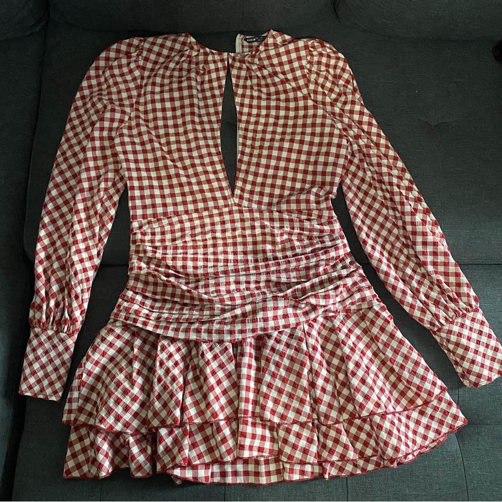 Red Gingham Long Sleeve Ruffled Dress Shein - Size L